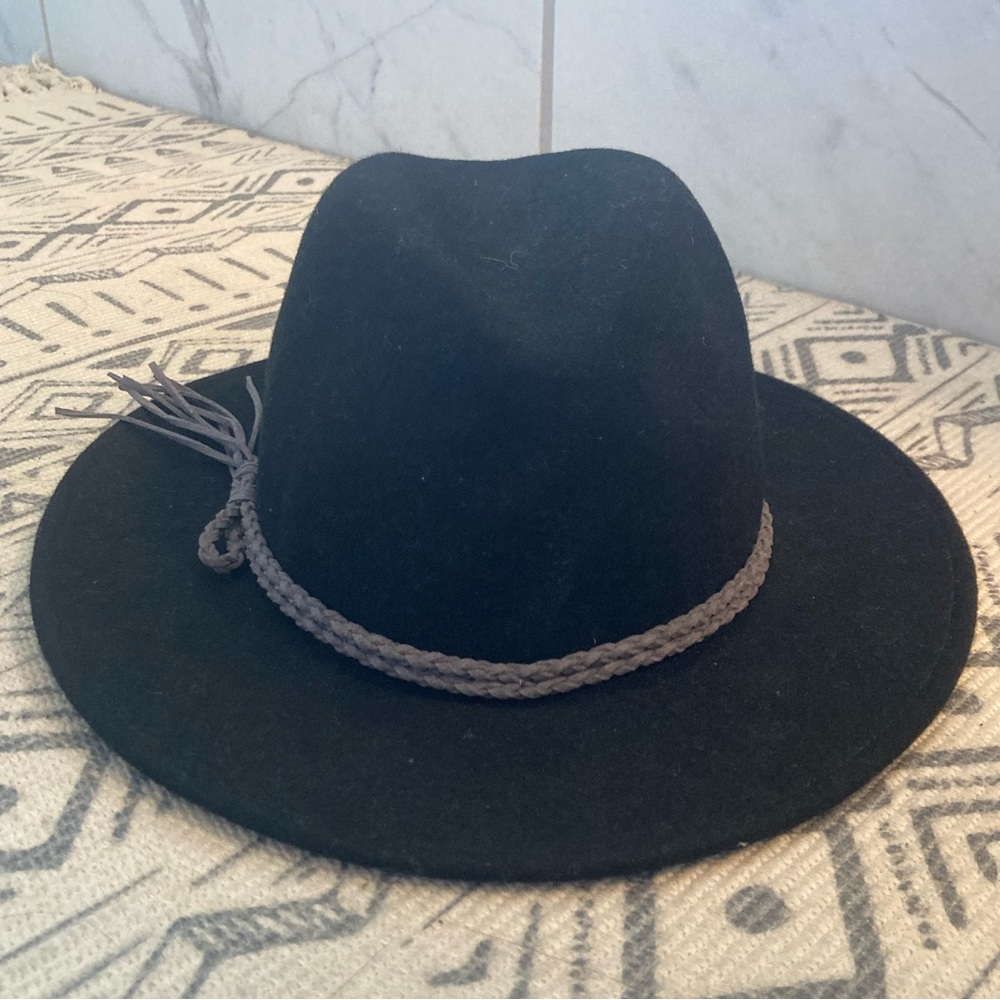 NWT Lucky Brand Black Wool Panama Tassel Hat Cowboy Fedora OS boho